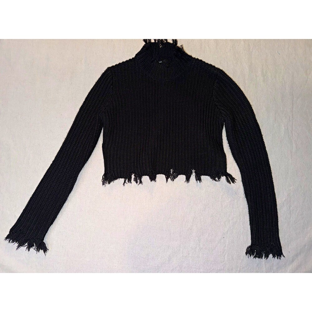 Stüssy Black Rib-Knit Mock Neck Fringe Hem Long Sleeve Pullover Sweater S